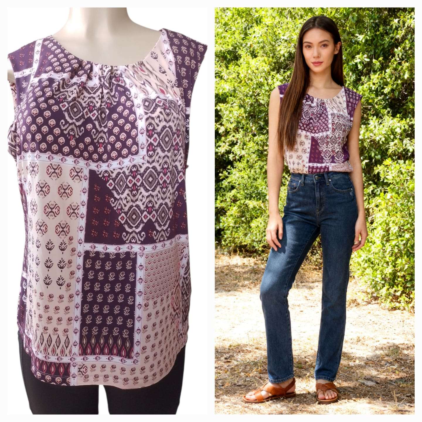 Blusa estampado patchworkflores estilo geometricos